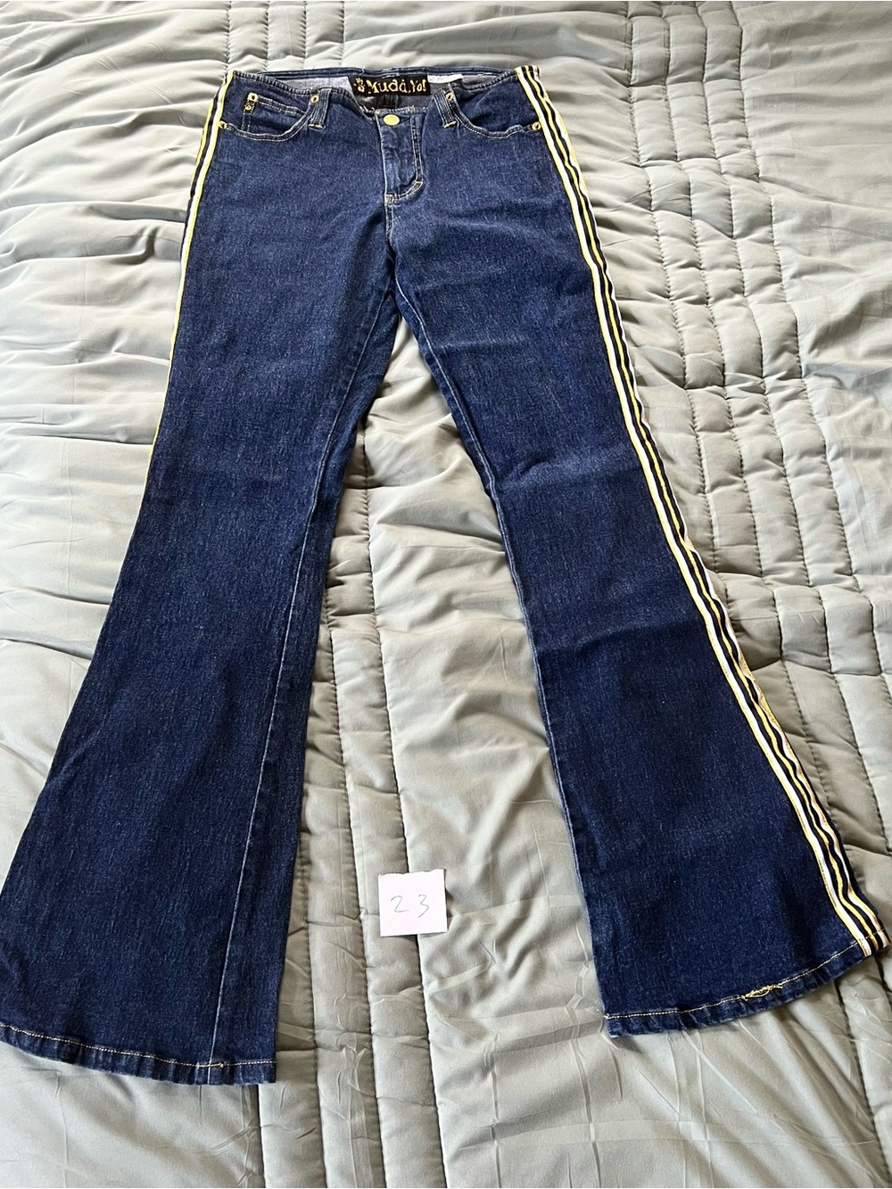 VTG Mudd Dark Blue Flare Jeans with Cream and Black Side Stripes